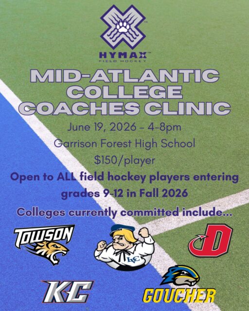 Hymax Field Hockey Club is excited to host our first-ever Mid-Atlantic College Coaches Clinic on June 19, 2026! 🏑

This clinic is open to ALL field hockey players entering grades 9–12 (Fall 2026)—and you do NOT have to be a Hymax athlete to attend!

📍 Location: Garrison Forest School
📆 Date: June 19, 2026
⏰Time: 4:00–8:00 PM
💰Cost: $150/player

This is an incredible opportunity to train and showcase your skills in front of college coaches right before the Mid-Atlantic Regional Cup at Towson University (June 20–21)! 🔥

🎓 Colleges currently committed:

Towson University (@towsontigersfieldhockey)
Goucher College (@gouchercollegefieldhockey)
Dickinson College 
(@dickinsonfieldhockey)
Lebanon Valley College (@lvcfh)
Keystone College (@keystonecollegefieldhockey)

🔗 Register link in Bio.

📣 College coaches: 
Interested in attending? Email arladav43@gmail.com for more information!

#HYMAXFH #FieldHockey #CollegeRecruiting #ShowcaseYourSkills #MidAtlanticFH