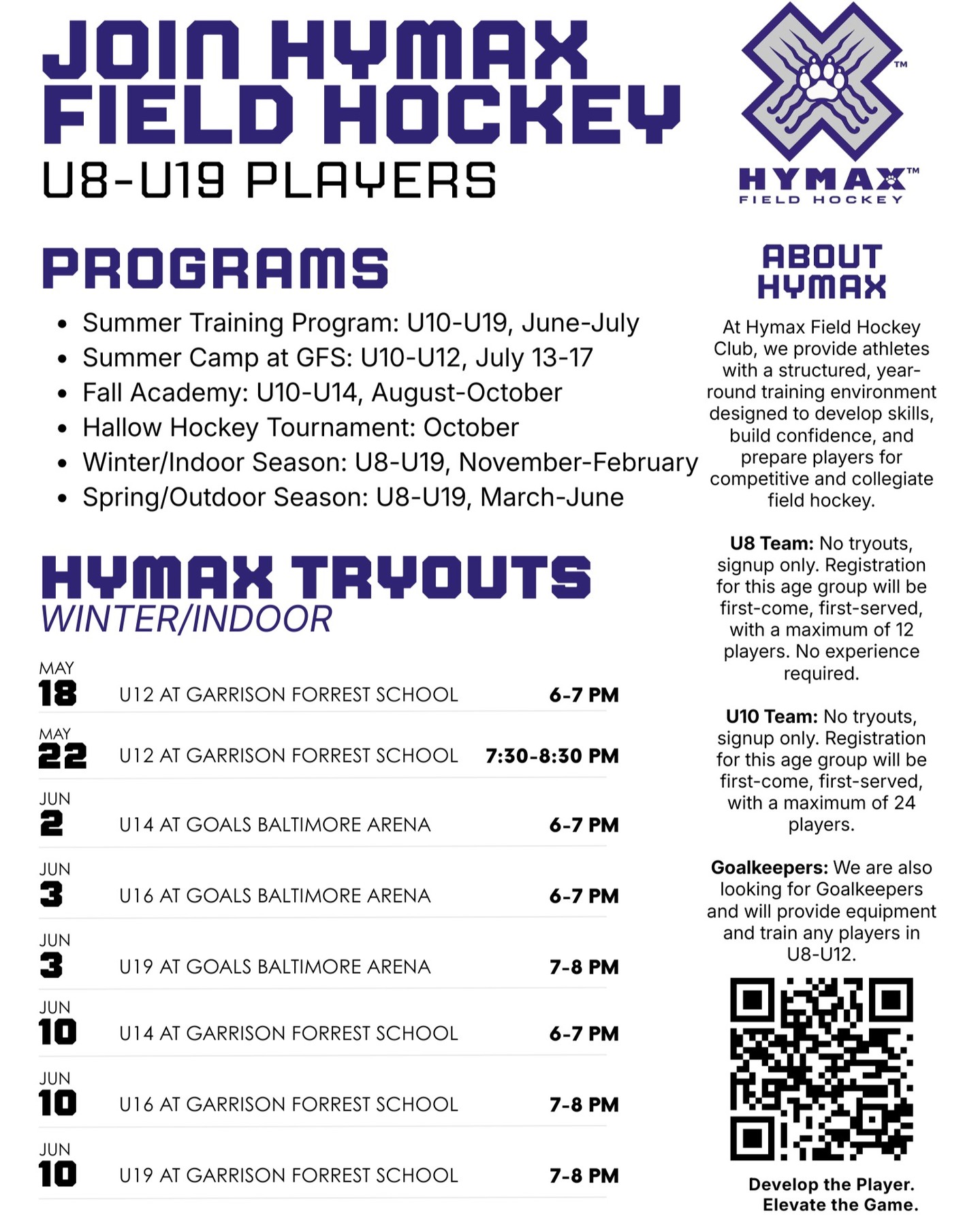 🚨 Exciting Updates from Hymax Field Hockey 🚨

We’re growing—and there’s never been a better time to join Hymax! 🏑

We’ve added more Winter/Indoor tryout dates and are thrilled to announce the launch of our NEW U8 team!

Here’s what you need to know:
✨ U8 & U10 Teams – No tryouts required! Just sign up and get started
✨ Additional tryout opportunities now available
✨ Year-round programming designed to develop skills, confidence, and a love for the game

Whether your athlete is just starting out or ready to compete at a higher level, Hymax provides a structured and supportive environment to grow.

📲 All registration links are in our bio.

Spots fill quickly—don’t wait!

#FieldHockey #YouthSports #HymaxFieldHockey #DevelopThePlayer #ElevateTheGame
#TeamHymax