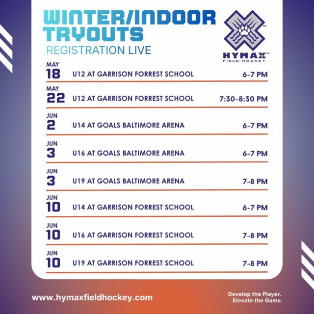 🏑 HYMAX WINTER/INDOOR TRYOUTS START NEXT WEEK! 🏑

Don’t miss your chance to be part of the Hymax Winter/Indoor season! Registration is LIVE, and spots are filling quickly.

📍 Tryout Dates:
• U12 – May 18 & May 22
• U14 – June 2 & June 10
• U16 – June 3 & June 10
• U19 – June 3 & June 10

👉 Full details + registration at www.hymaxfieldhockey.com

🔗 Or use the Linktree in our Instagram bio to register!

Come train, compete, and elevate your game with Hymax this winter 💜🧡
#HymaxFieldHockey #FieldHockey #IndoorFieldHockey #WinterFieldHockey #Tryouts #ElevateTheGame